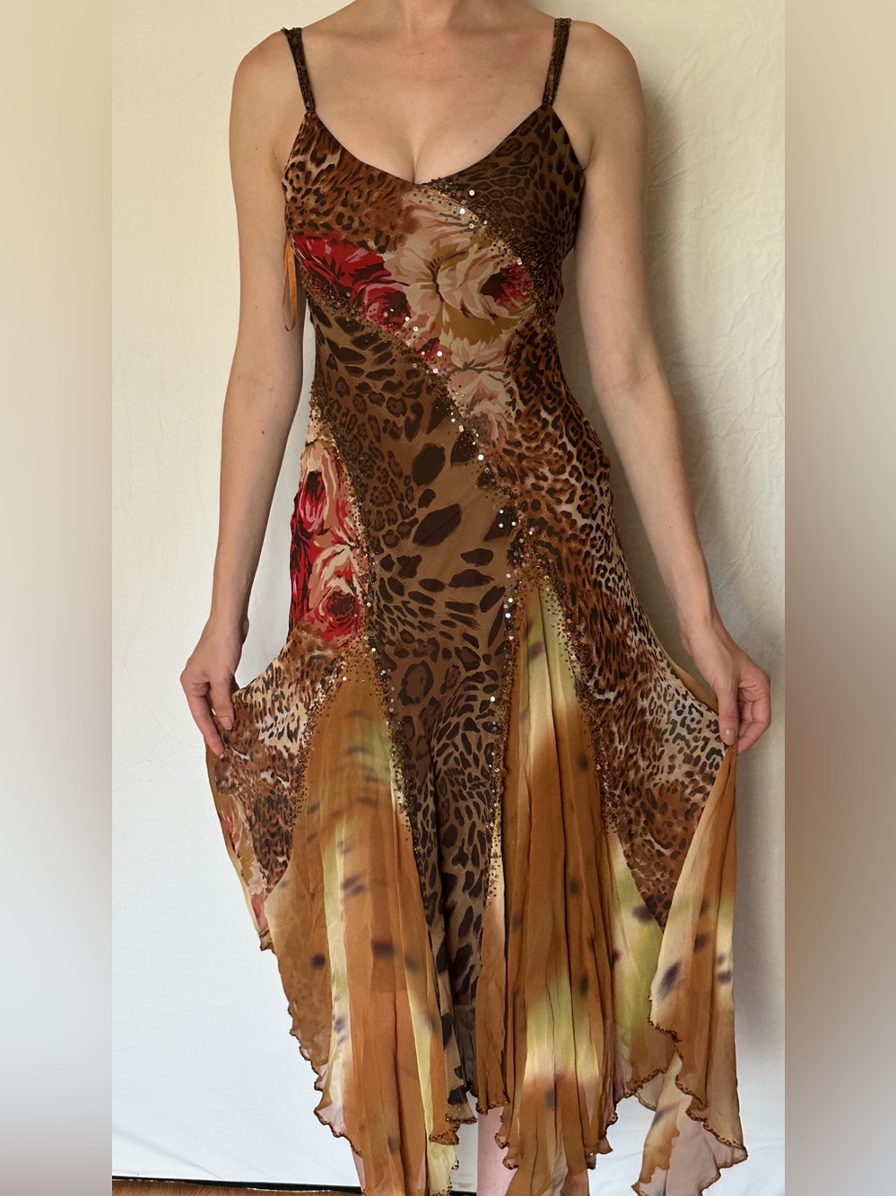 Sue Wong Brown Floral Leopard Slip Dress with Red Accents